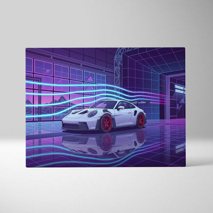 Porsche 911 GT3 RS Inspired White Purple Canvas Wall Art Vaporwave Neon City Sports Car Artwork, Cyberpunk Garage Decor