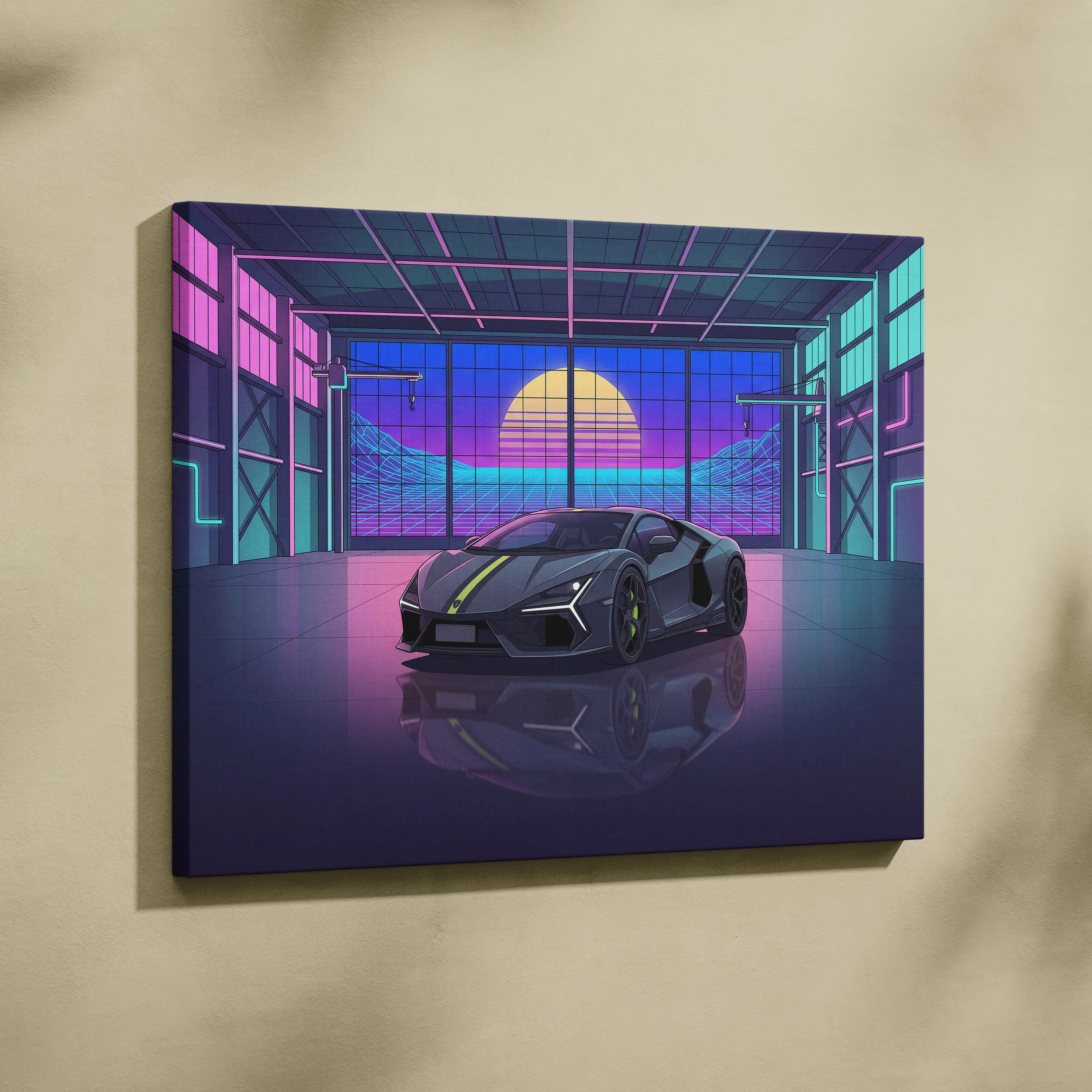 Lamborghini Revuelto Inspired Gray Purple Canvas Wall Art, Vaporwave Supercar Artwork, Neon Garage Decor, Retro Futuristic Exotic Car Print