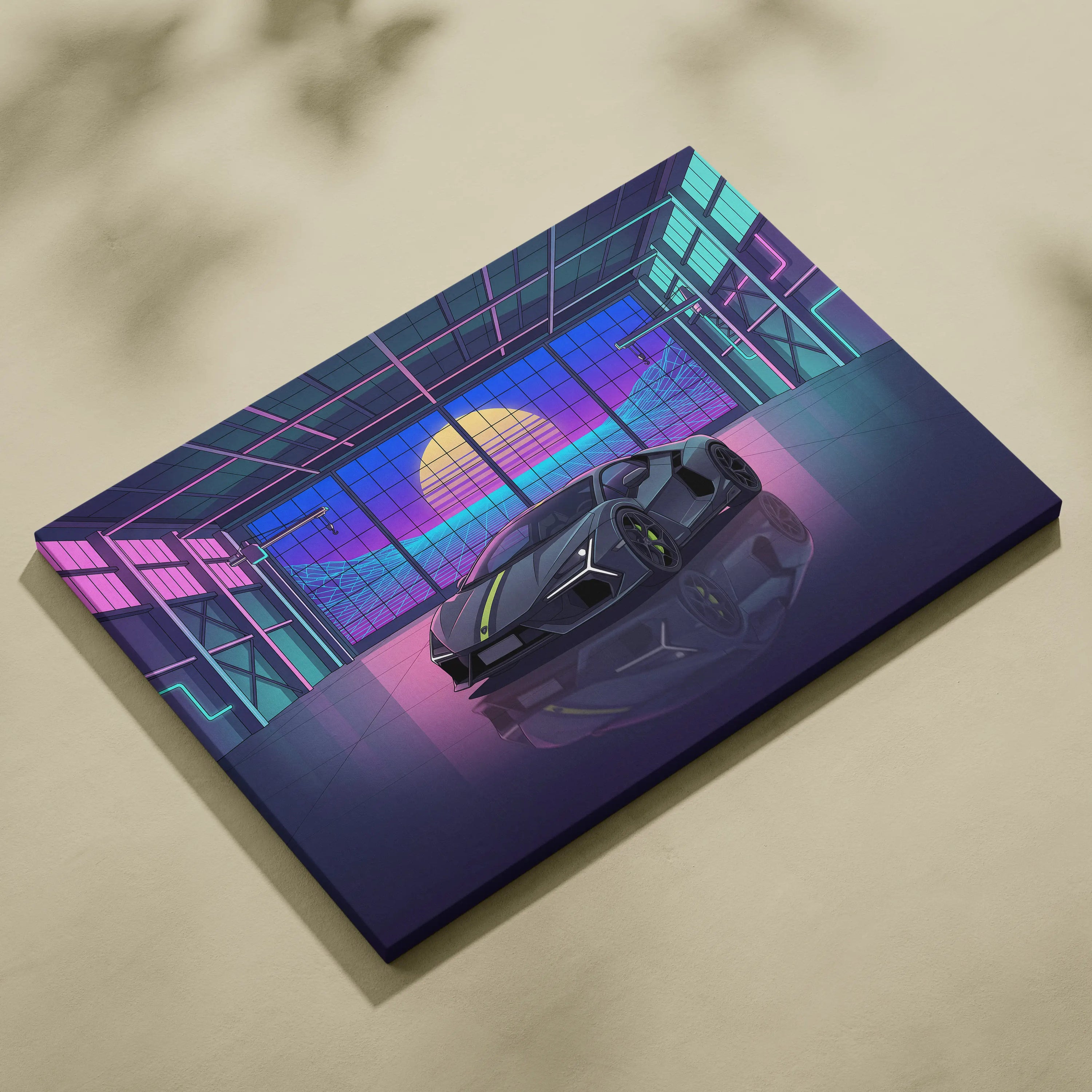 Lamborghini Revuelto Inspired Gray Purple Canvas Wall Art, Vaporwave Supercar Artwork, Neon Garage Decor, Retro Futuristic Exotic Car Print