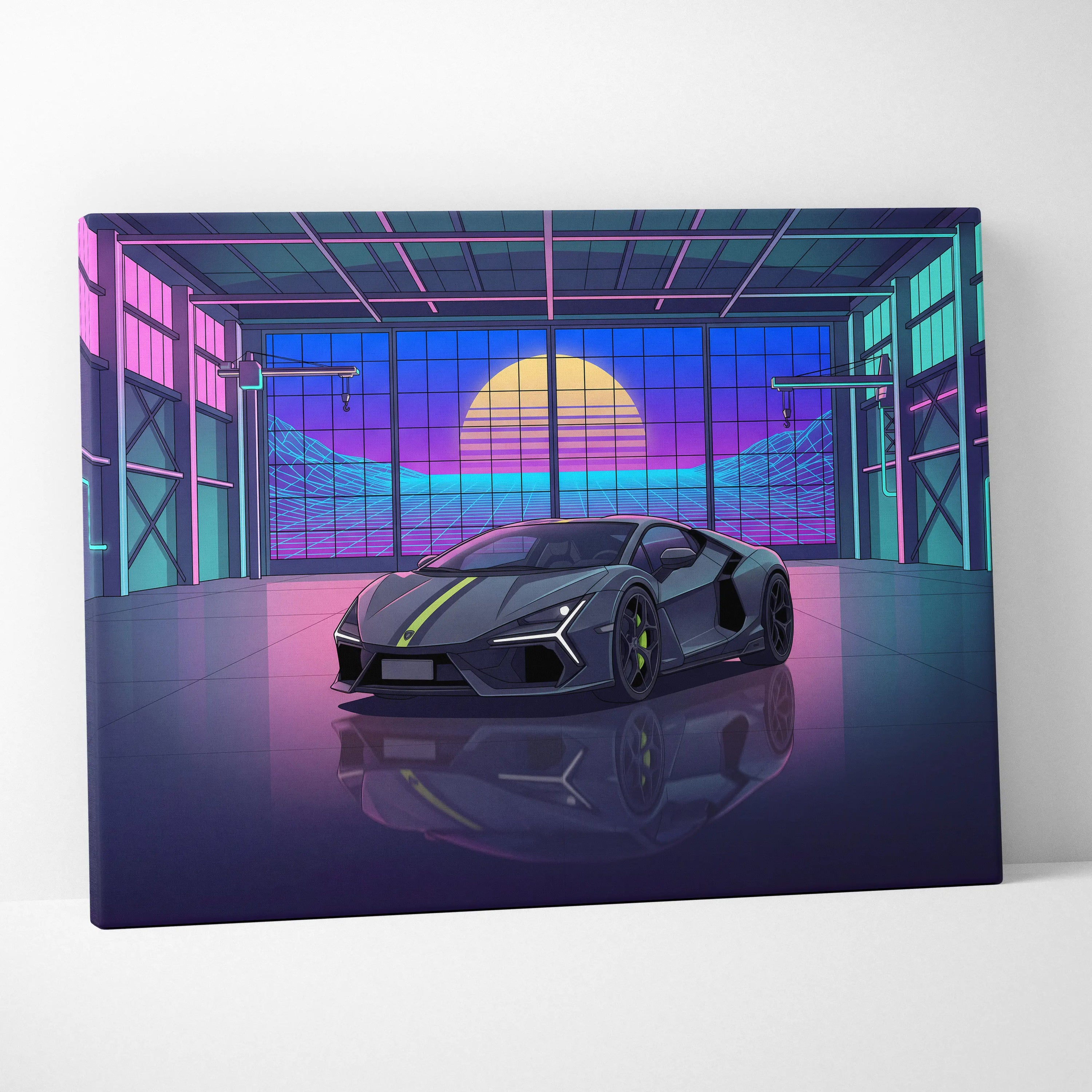Lamborghini Revuelto Inspired Gray Purple Canvas Wall Art, Vaporwave Supercar Artwork, Neon Garage Decor, Retro Futuristic Exotic Car Print
