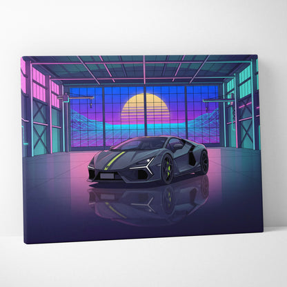 Lamborghini Revuelto Inspired Gray Purple Canvas Wall Art, Vaporwave Supercar Artwork, Neon Garage Decor, Retro Futuristic Exotic Car Print