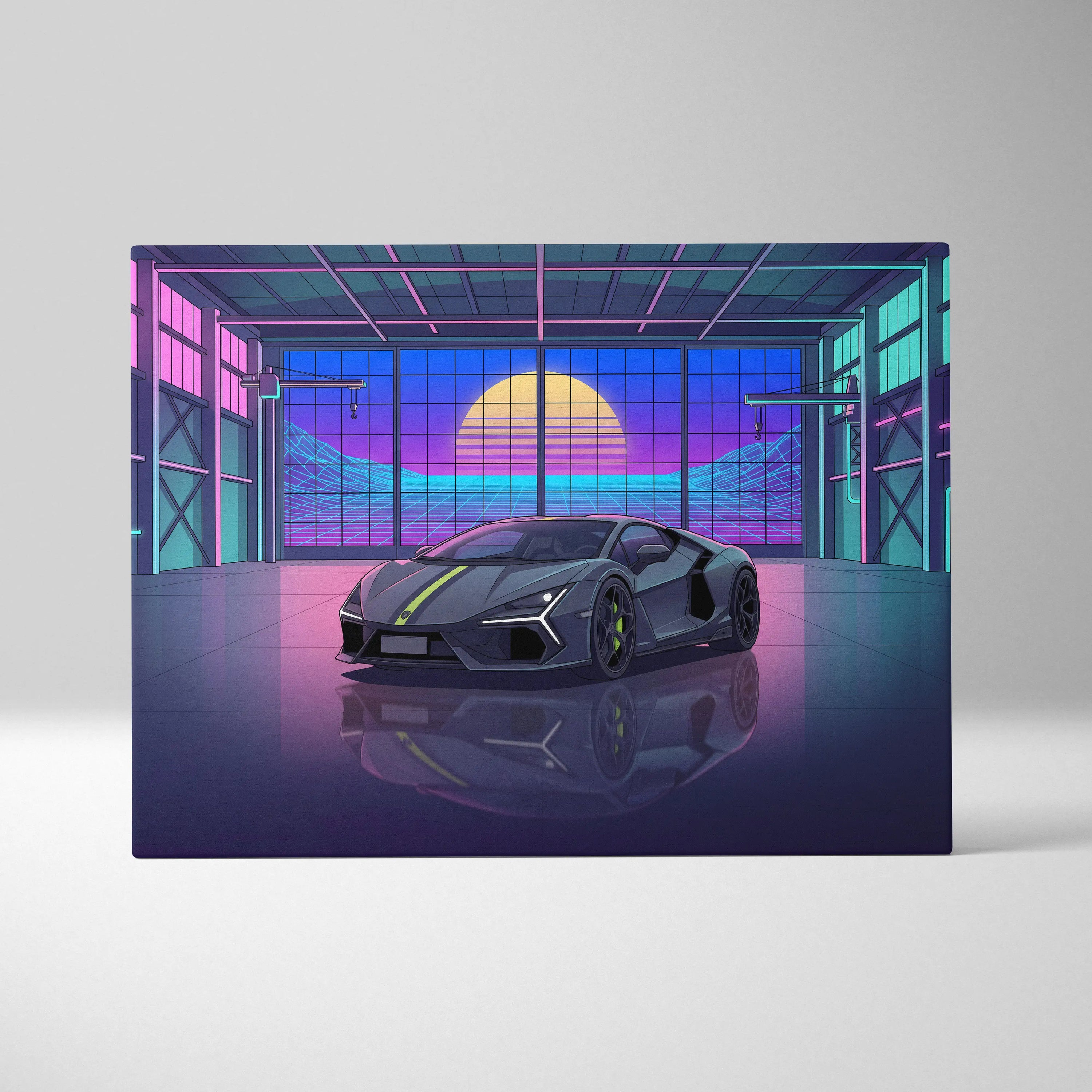 Lamborghini Revuelto Inspired Gray Purple Canvas Wall Art, Vaporwave Supercar Artwork, Neon Garage Decor, Retro Futuristic Exotic Car Print