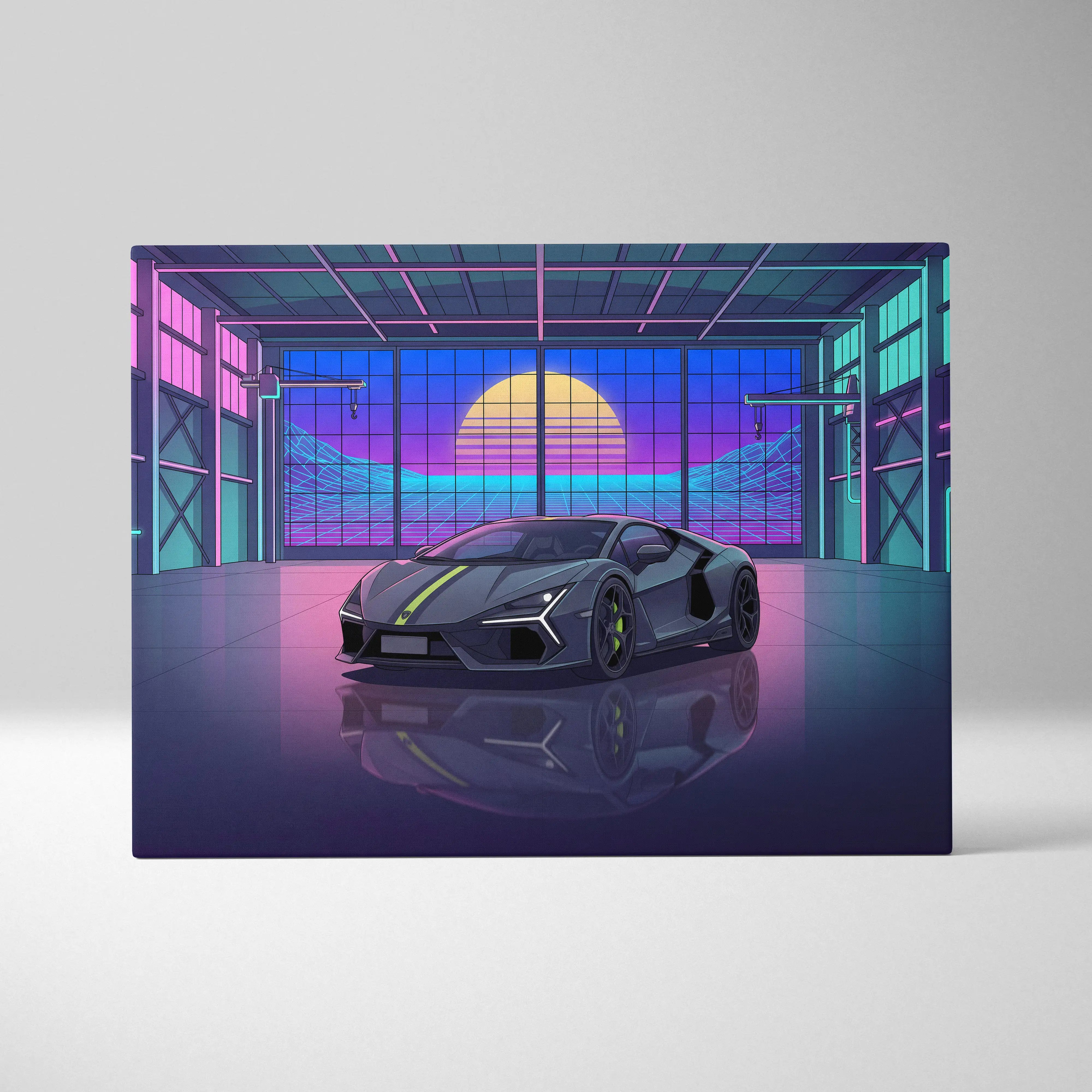 Lamborghini Revuelto Inspired Gray Purple Canvas Wall Art, Vaporwave Supercar Artwork, Neon Garage Decor, Retro Futuristic Exotic Car Print