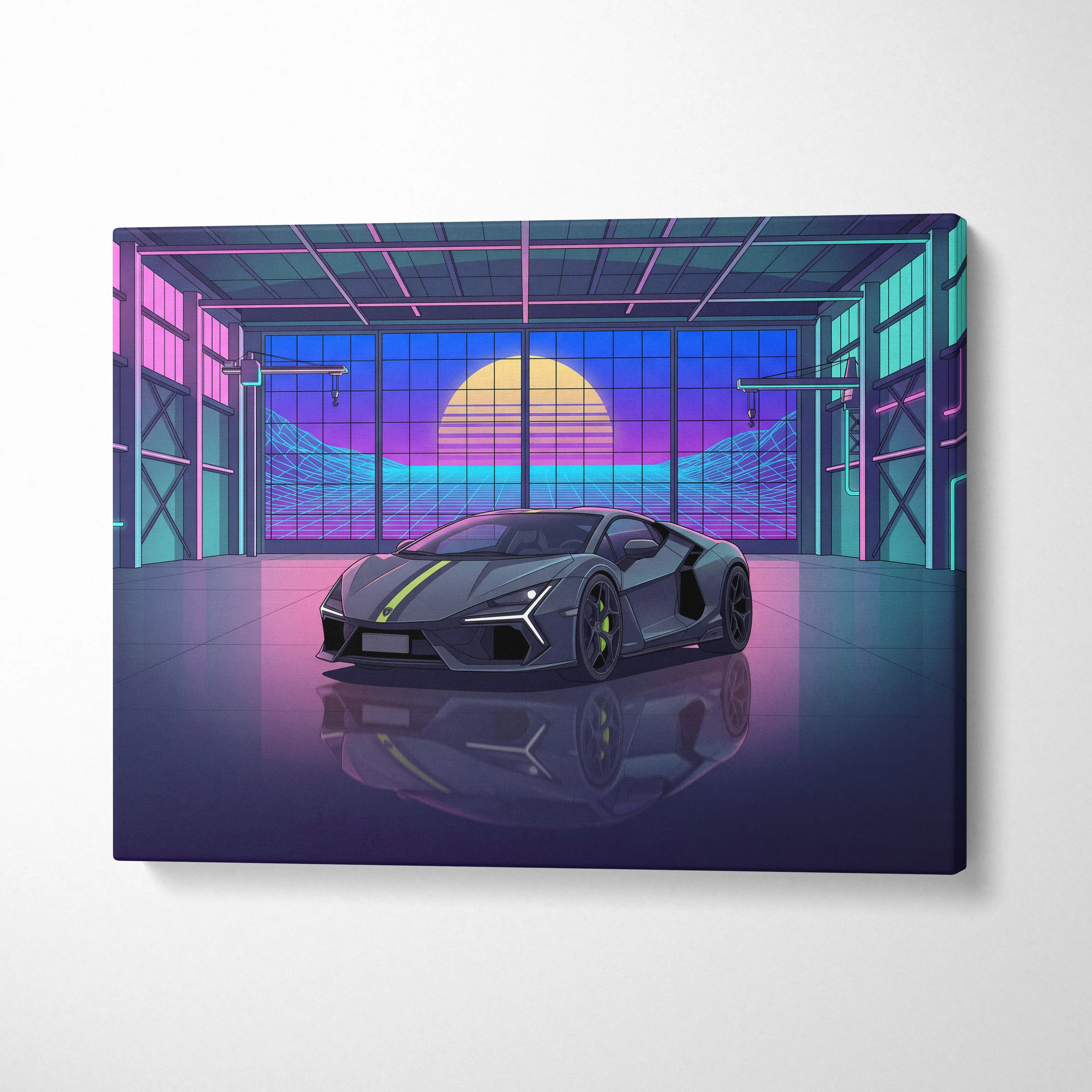 Lamborghini Revuelto Inspired Gray Purple Canvas Wall Art, Vaporwave Supercar Artwork, Neon Garage Decor, Retro Futuristic Exotic Car Print