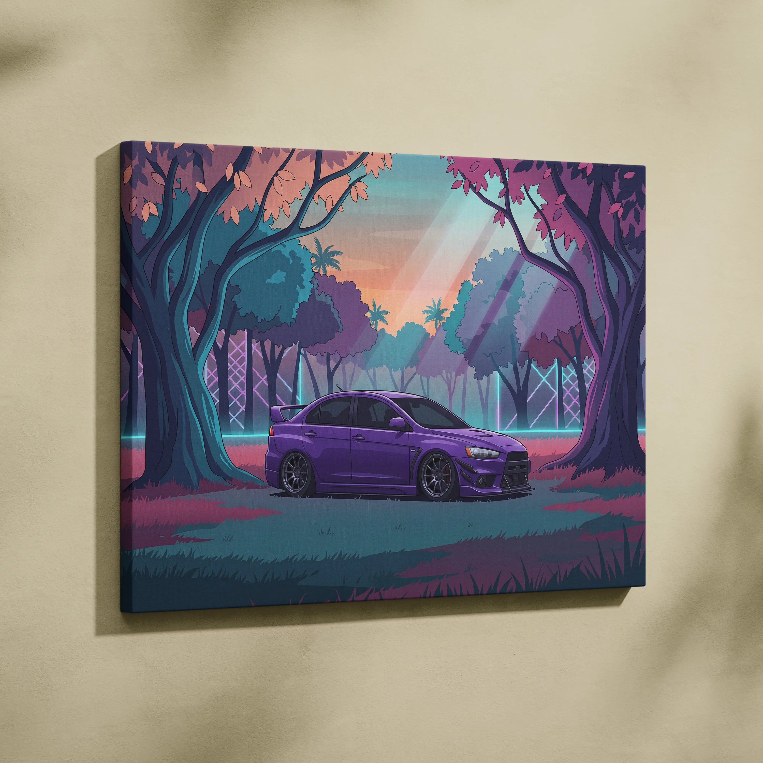 Mitsubishi Lancer Evolution X Inspired Purple Teal Canvas Wall Art, Vaporwave JDM Artwork, Neon Forest Garage Decor, Retro Futuristic Print