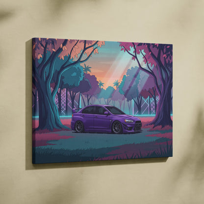 Mitsubishi Lancer Evolution X Inspired Purple Teal Canvas Wall Art, Vaporwave JDM Artwork, Neon Forest Garage Decor, Retro Futuristic Print