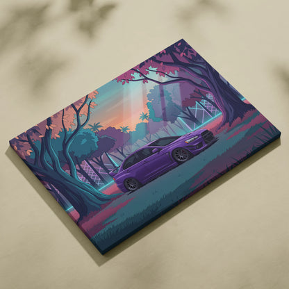 Mitsubishi Lancer Evolution X Inspired Purple Teal Canvas Wall Art, Vaporwave JDM Artwork, Neon Forest Garage Decor, Retro Futuristic Print