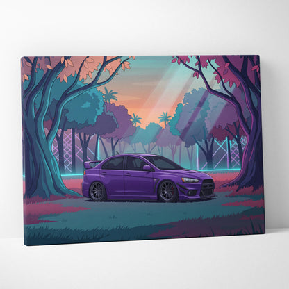 Mitsubishi Lancer Evolution X Inspired Purple Teal Canvas Wall Art, Vaporwave JDM Artwork, Neon Forest Garage Decor, Retro Futuristic Print