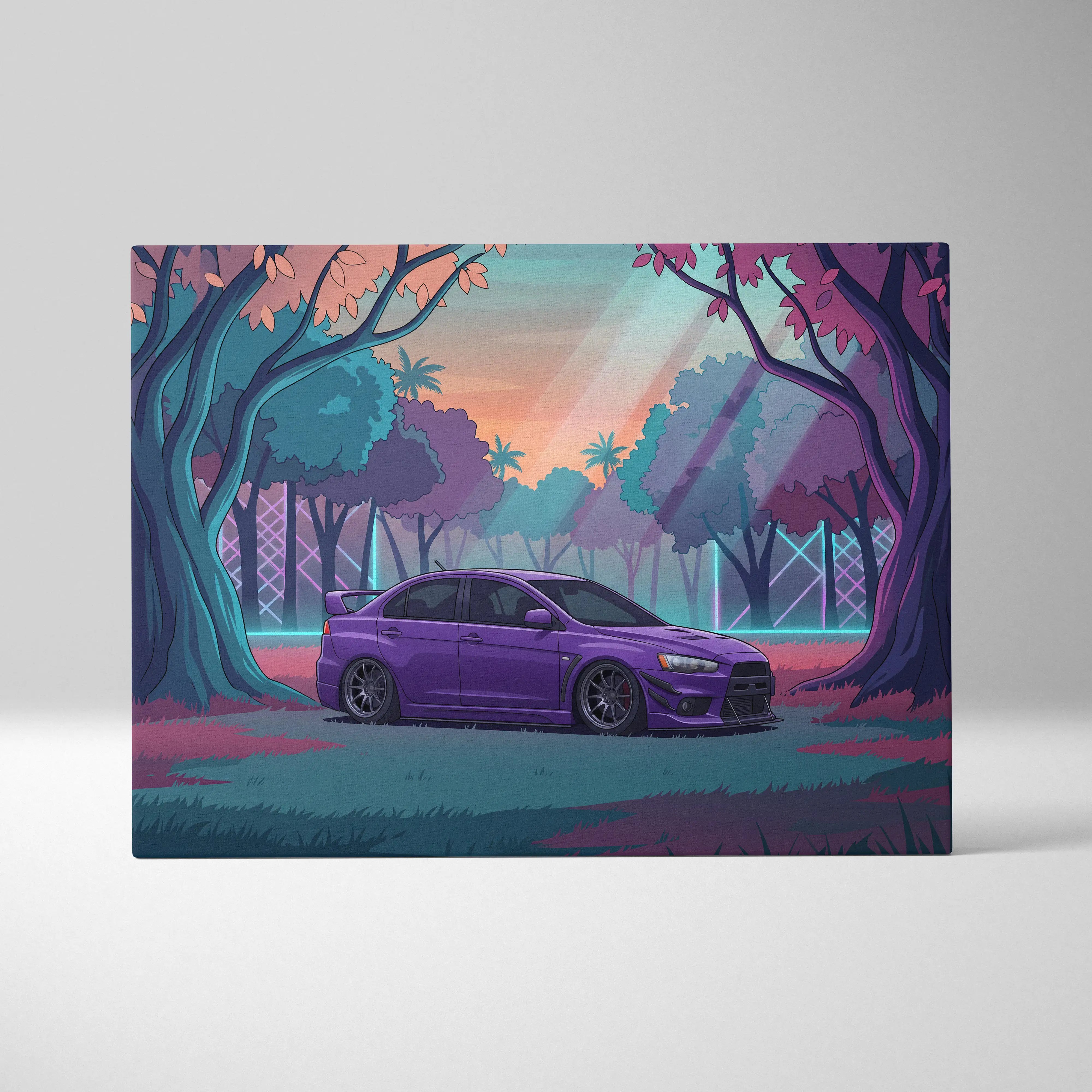 Mitsubishi Lancer Evolution X Inspired Purple Teal Canvas Wall Art, Vaporwave JDM Artwork, Neon Forest Garage Decor, Retro Futuristic Print