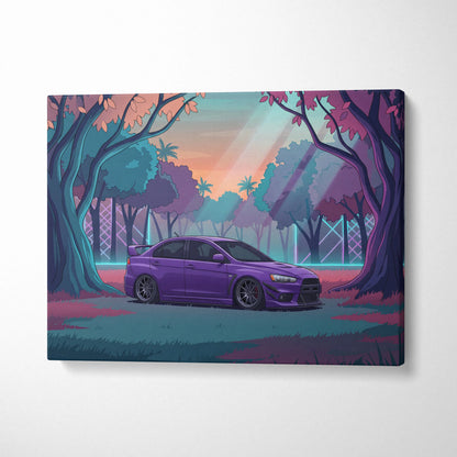 Mitsubishi Lancer Evolution X Inspired Purple Teal Canvas Wall Art, Vaporwave JDM Artwork, Neon Forest Garage Decor, Retro Futuristic Print