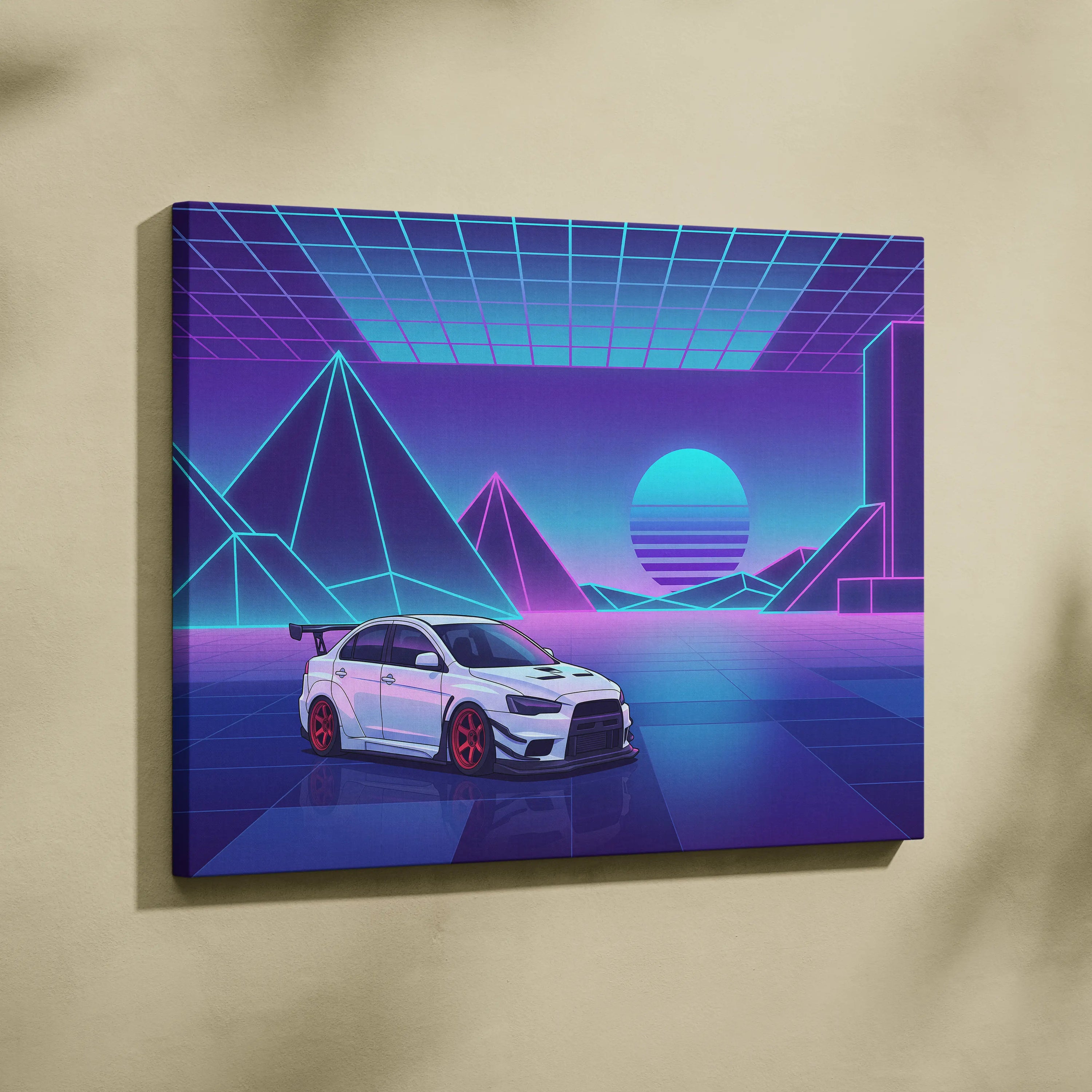 Mitsubishi Lancer Evolution X Inspired White Purple Canvas Wall Art, Neon Vaporwave JDM Sports Sedan Artwork for Garage Decor