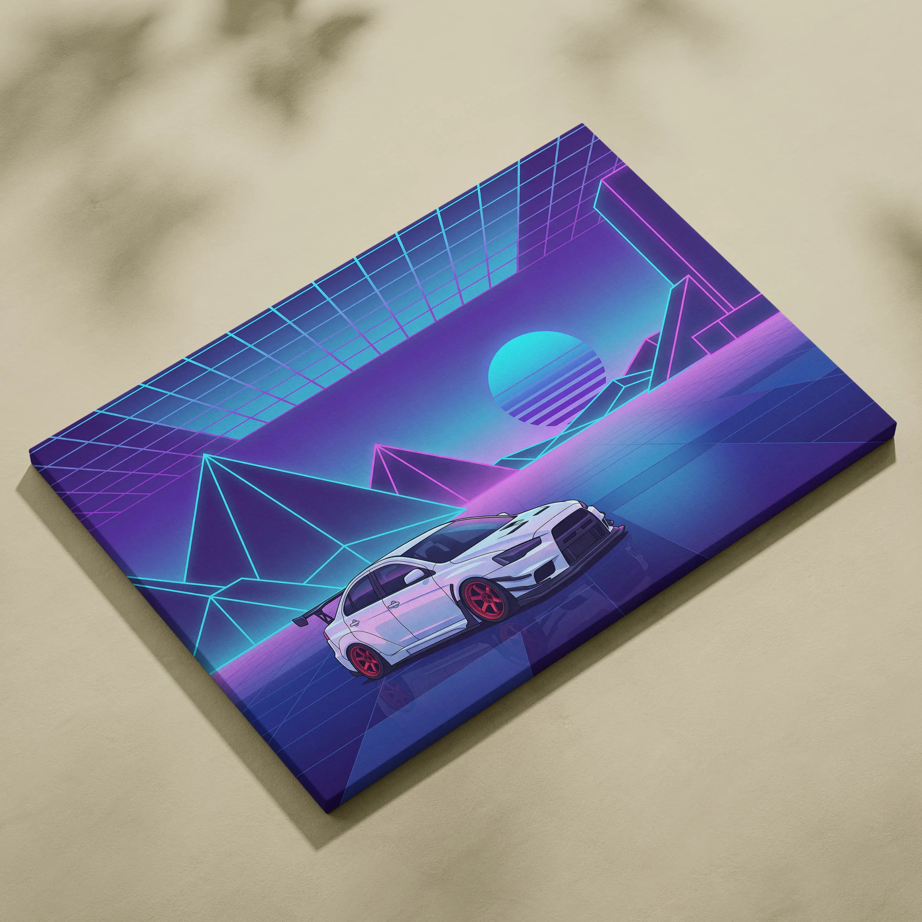 Mitsubishi Lancer Evolution X Inspired White Purple Canvas Wall Art, Neon Vaporwave JDM Sports Sedan Artwork for Garage Decor