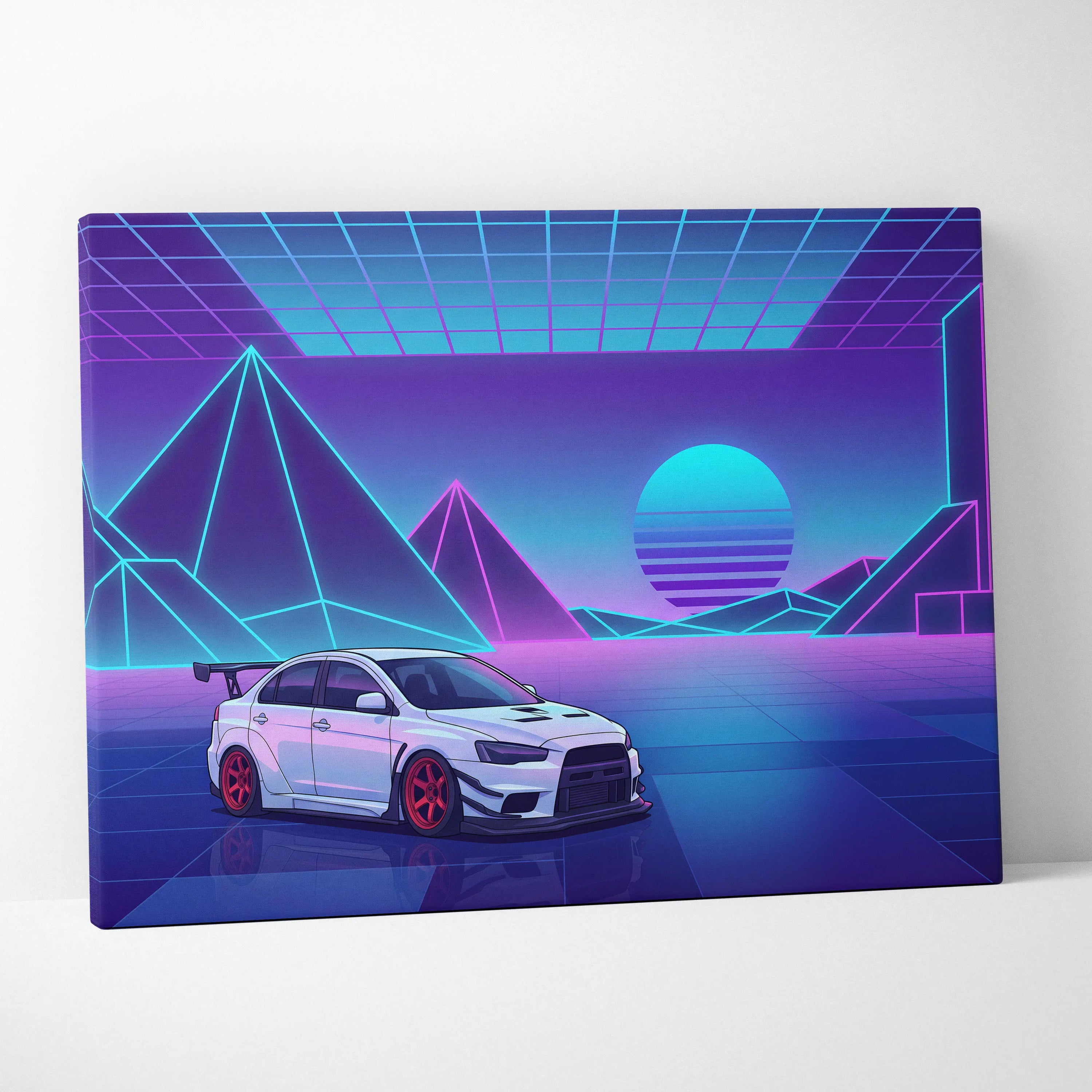 Mitsubishi Lancer Evolution X Inspired White Purple Canvas Wall Art, Neon Vaporwave JDM Sports Sedan Artwork for Garage Decor