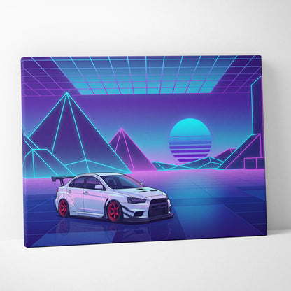 Mitsubishi Lancer Evolution X Inspired White Purple Canvas Wall Art, Neon Vaporwave JDM Sports Sedan Artwork for Garage Decor