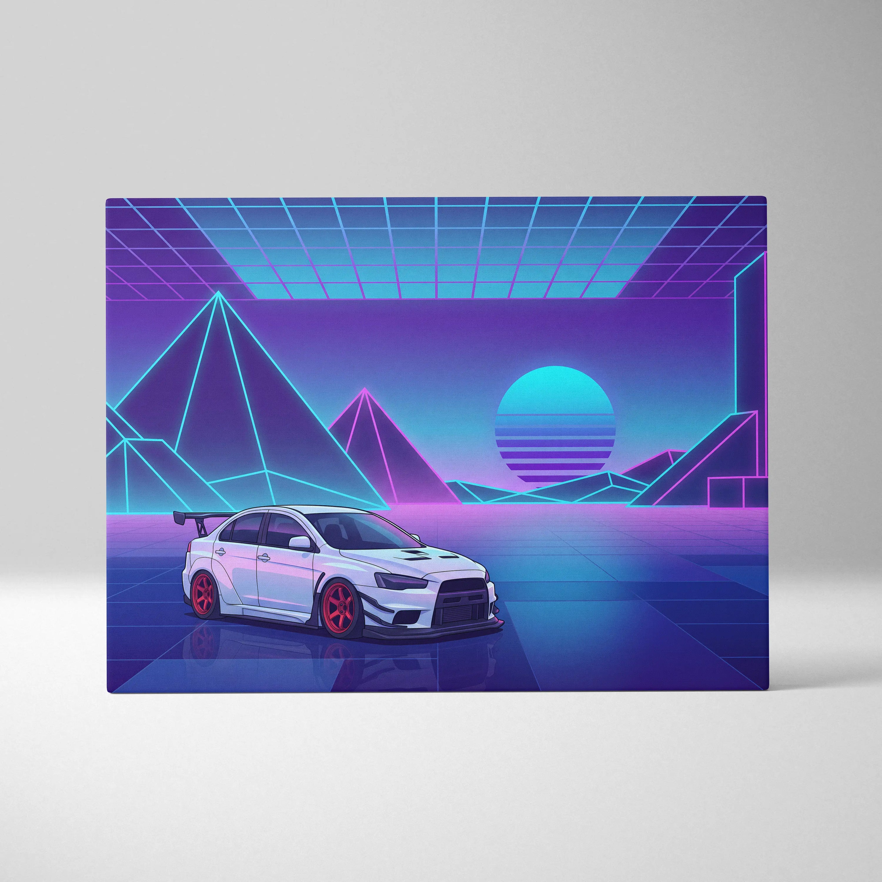 Mitsubishi Lancer Evolution X Inspired White Purple Canvas Wall Art, Neon Vaporwave JDM Sports Sedan Artwork for Garage Decor