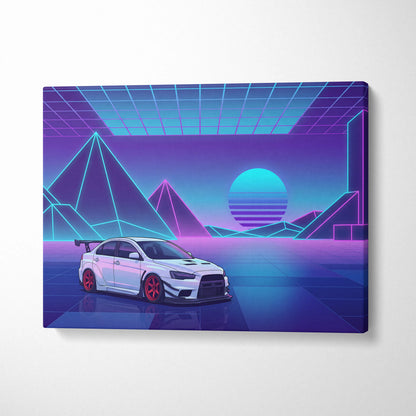 Mitsubishi Lancer Evolution X Inspired White Purple Canvas Wall Art, Neon Vaporwave JDM Sports Sedan Artwork for Garage Decor