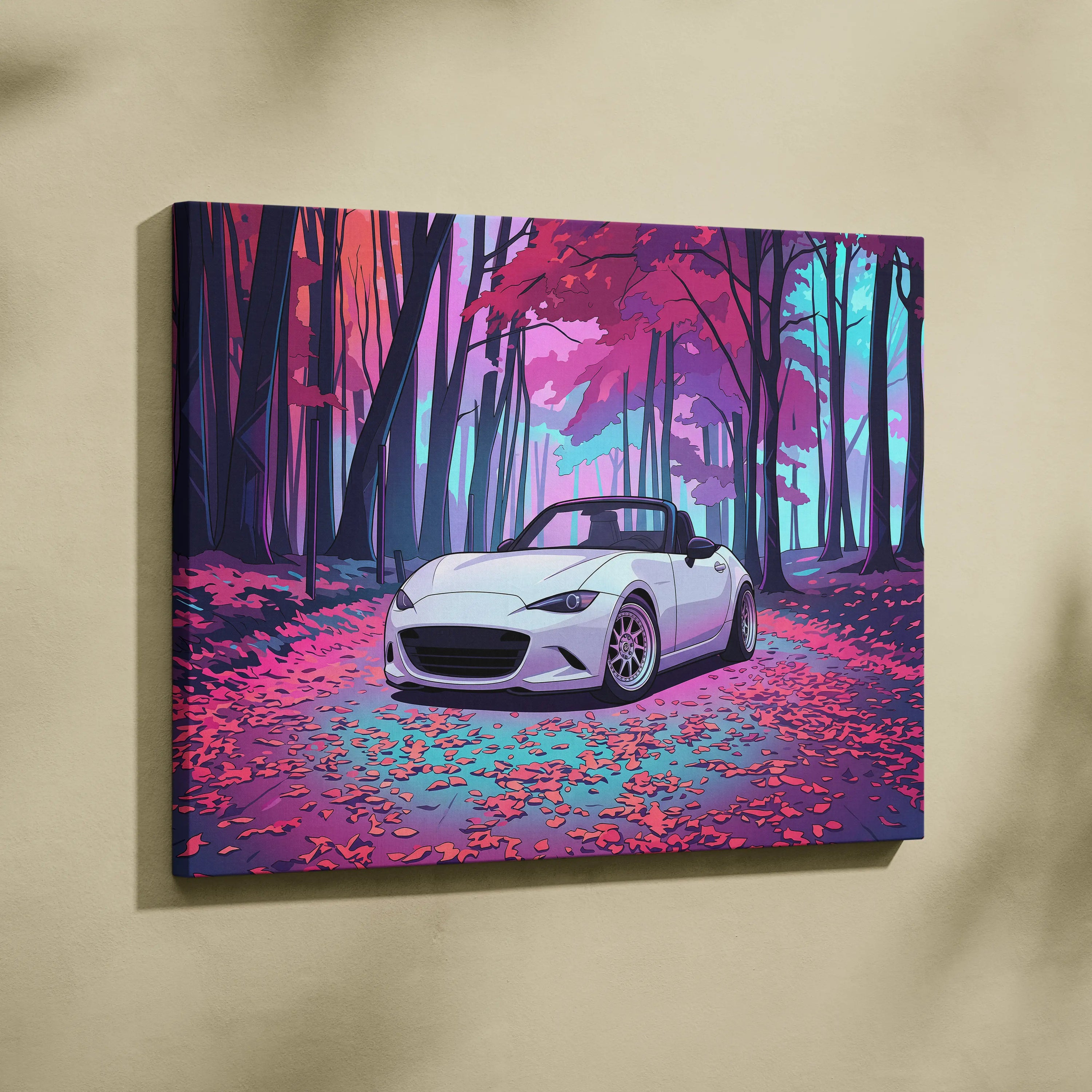 Mazda Miata Inspired Vaporwave Car Canvas - Car Vaporwave Neon Pink Purple Living Room Teal Retro-Futuristic Nostalgic Mood Decor