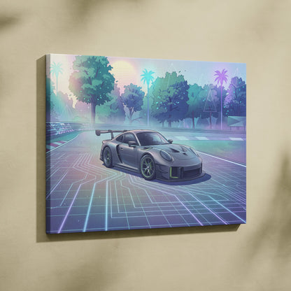 Porsche 911 GT3 RS Inspired Gray Pastel Canvas Wall Art Vaporwave Forest Road Car Artwork, Dreamy Neon Garage Decor