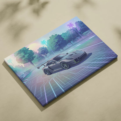 Porsche 911 GT3 RS Inspired Gray Pastel Canvas Wall Art Vaporwave Forest Road Car Artwork, Dreamy Neon Garage Decor