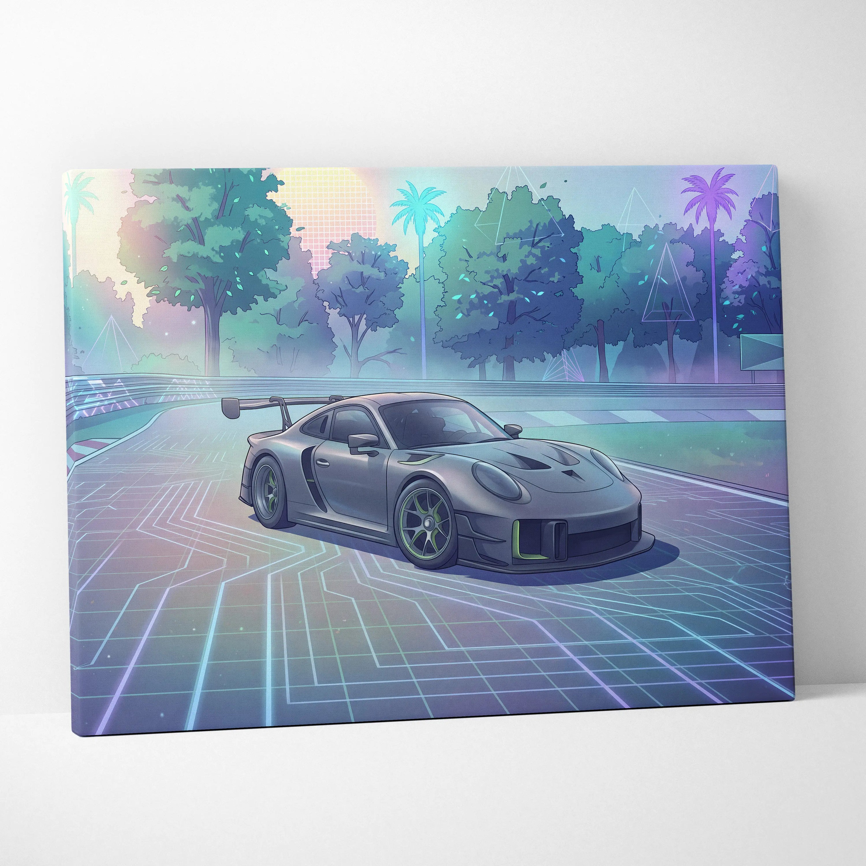 Porsche 911 GT3 RS Inspired Gray Pastel Canvas Wall Art Vaporwave Forest Road Car Artwork, Dreamy Neon Garage Decor