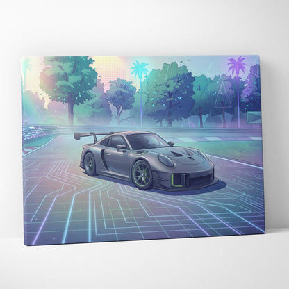 Porsche 911 GT3 RS Inspired Gray Pastel Canvas Wall Art Vaporwave Forest Road Car Artwork, Dreamy Neon Garage Decor
