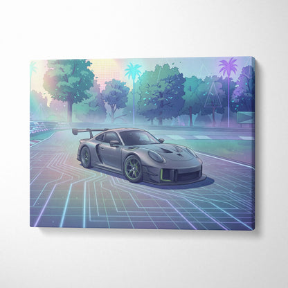 Porsche 911 GT3 RS Inspired Gray Pastel Canvas Wall Art Vaporwave Forest Road Car Artwork, Dreamy Neon Garage Decor