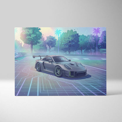 Porsche 911 GT3 RS Inspired Gray Pastel Canvas Wall Art Vaporwave Forest Road Car Artwork, Dreamy Neon Garage Decor