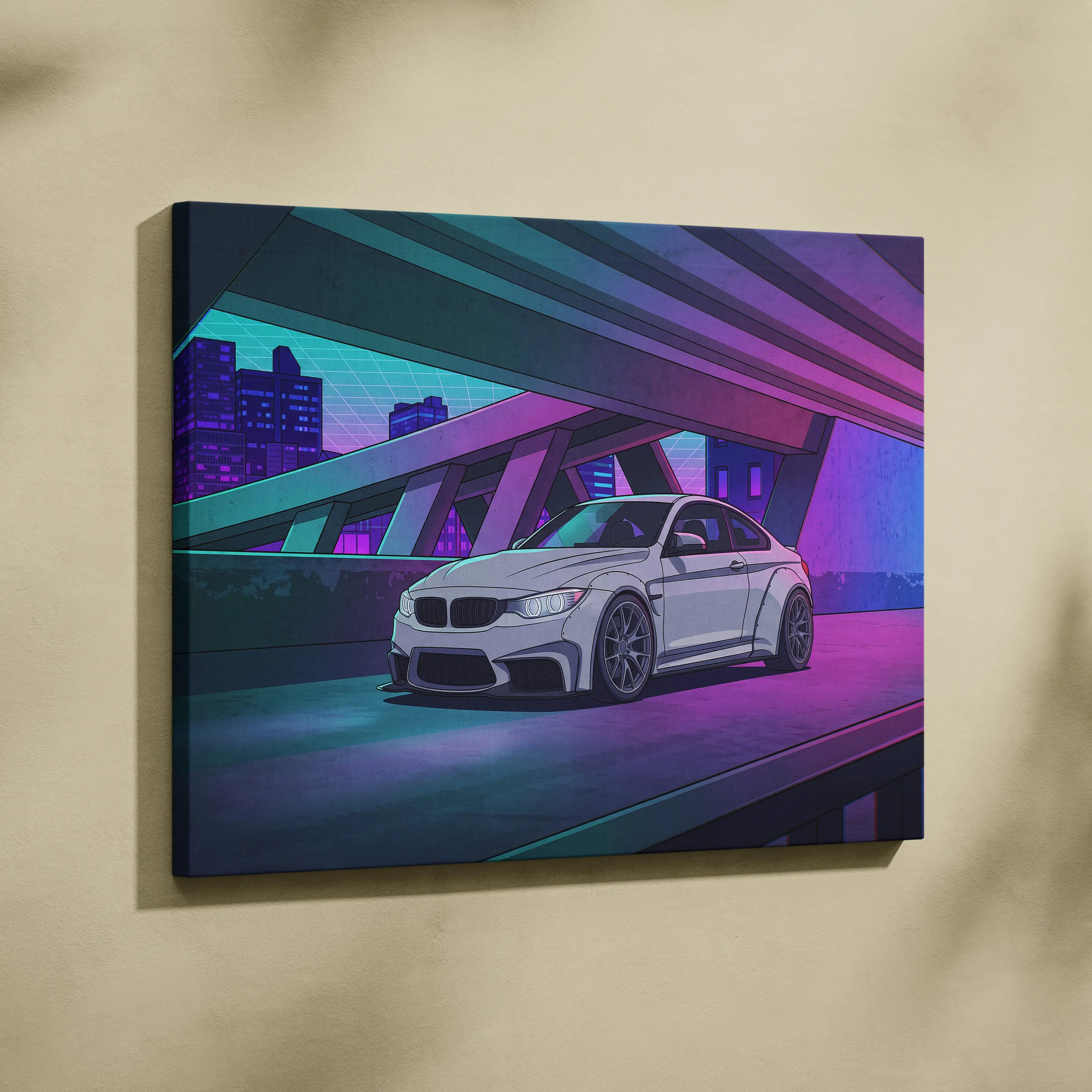 BMW M4 Inspired White Purple Canvas Wall Art Vaporwave Sports Car Artwork Neon Overpass Garage Decor Retro Futuristic City Print