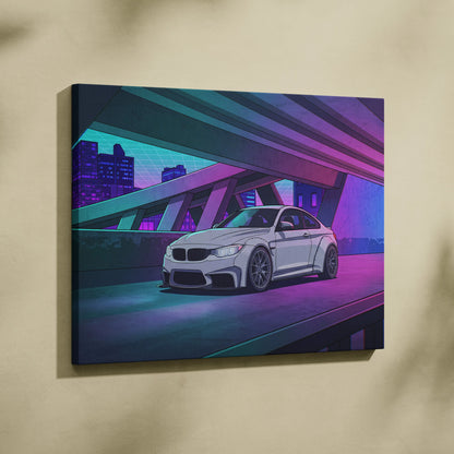 BMW M4 Inspired White Purple Canvas Wall Art Vaporwave Sports Car Artwork Neon Overpass Garage Decor Retro Futuristic City Print