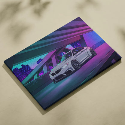 BMW M4 Inspired White Purple Canvas Wall Art Vaporwave Sports Car Artwork Neon Overpass Garage Decor Retro Futuristic City Print