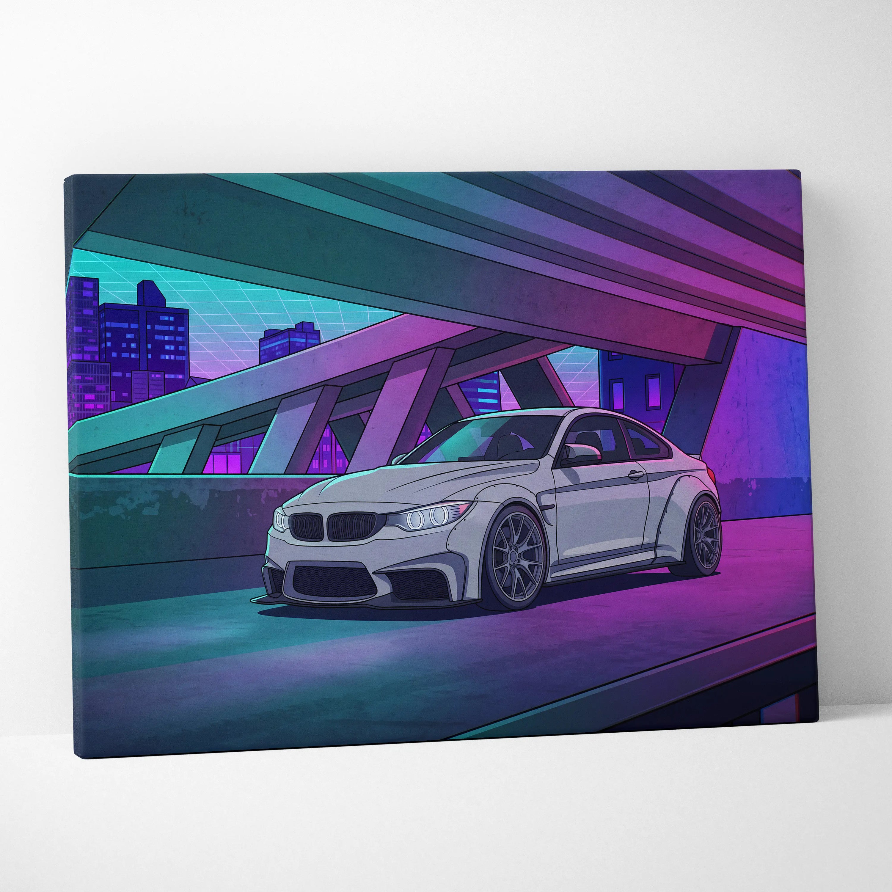 BMW M4 Inspired White Purple Canvas Wall Art Vaporwave Sports Car Artwork Neon Overpass Garage Decor Retro Futuristic City Print