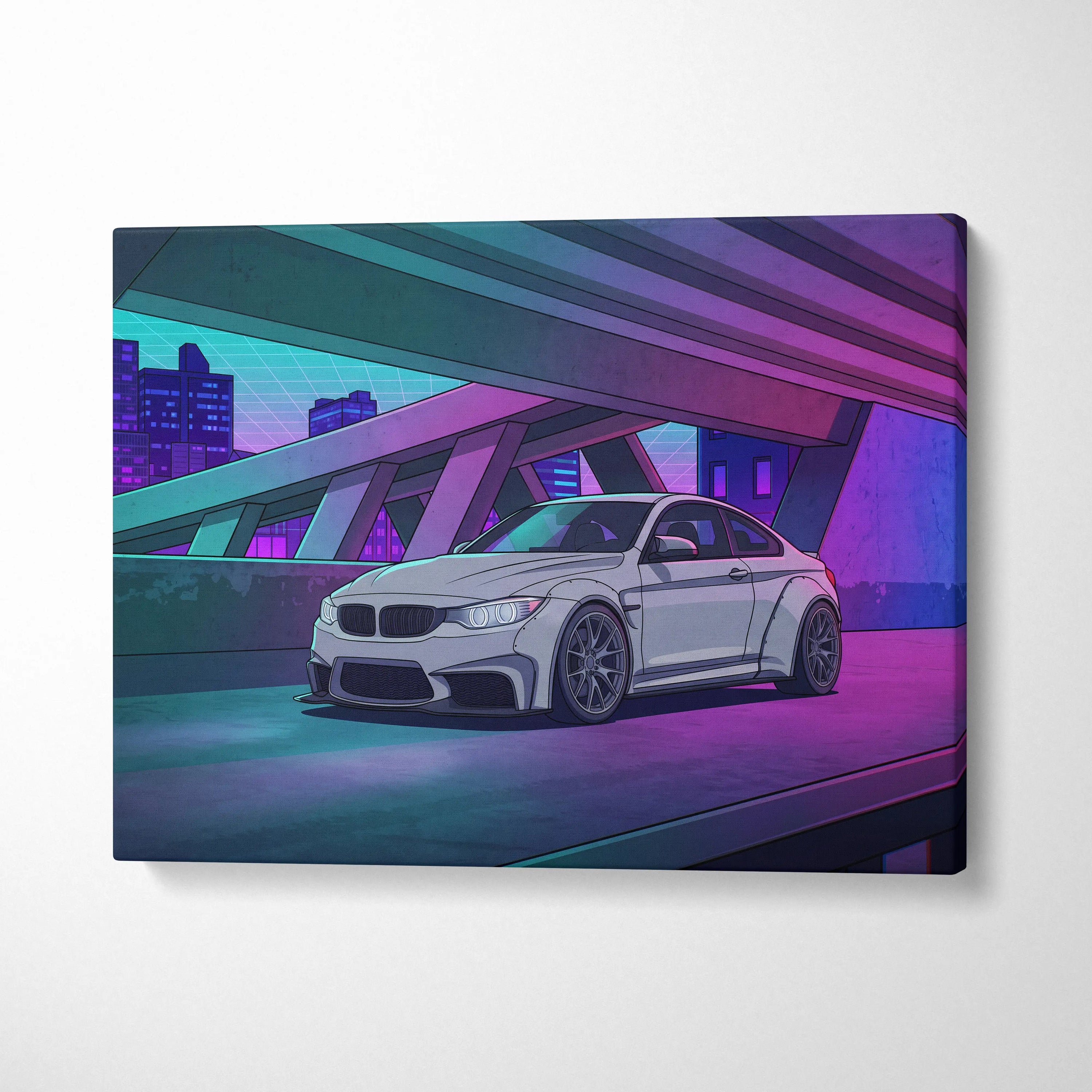 BMW M4 Inspired White Purple Canvas Wall Art Vaporwave Sports Car Artwork Neon Overpass Garage Decor Retro Futuristic City Print