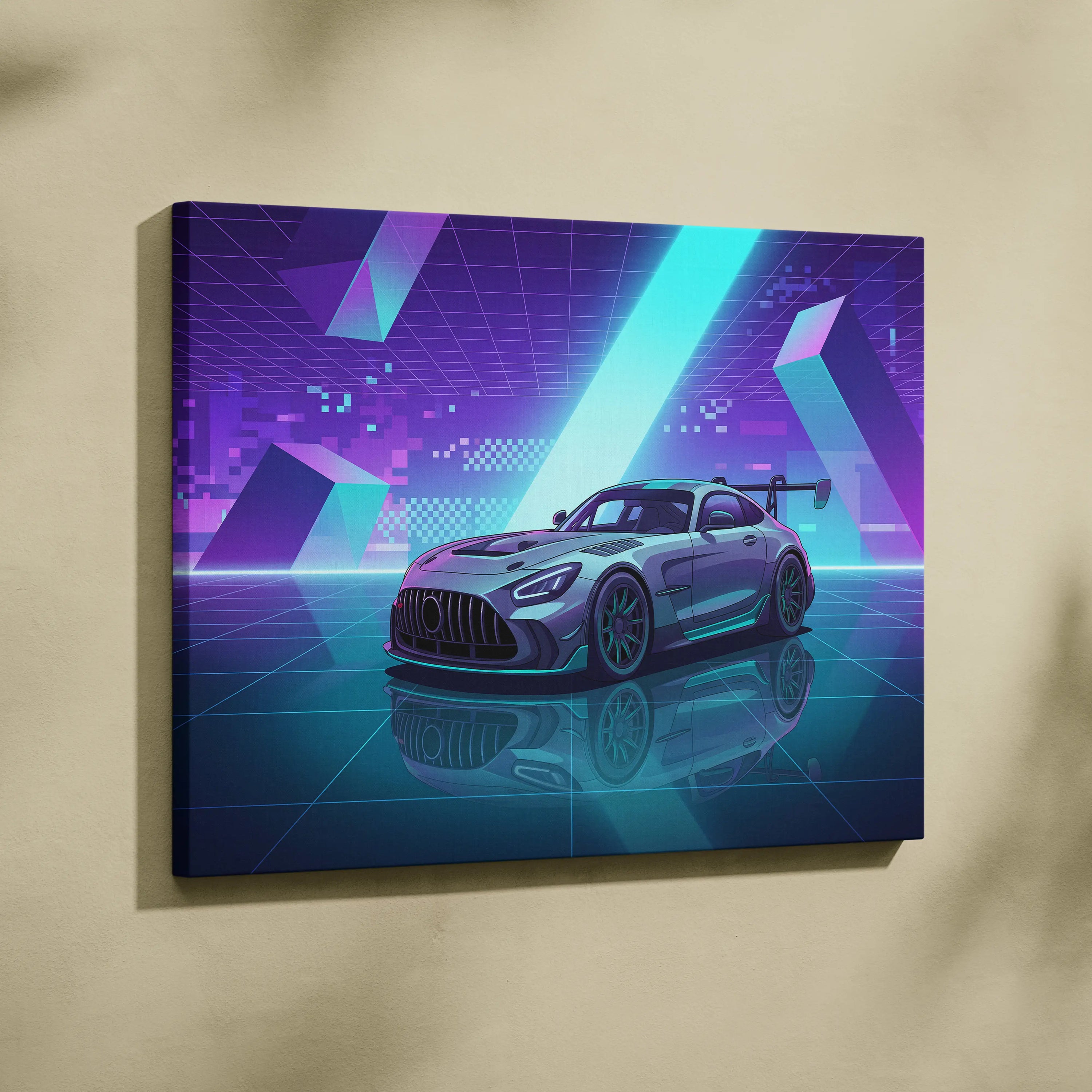 Mercedes-AMG GT Black Series Inspired Silver Teal Canvas Wall Art, Vaporwave Track Car Artwork, Neon Grid Garage Decor, Retro Futuristic Motorsport Print