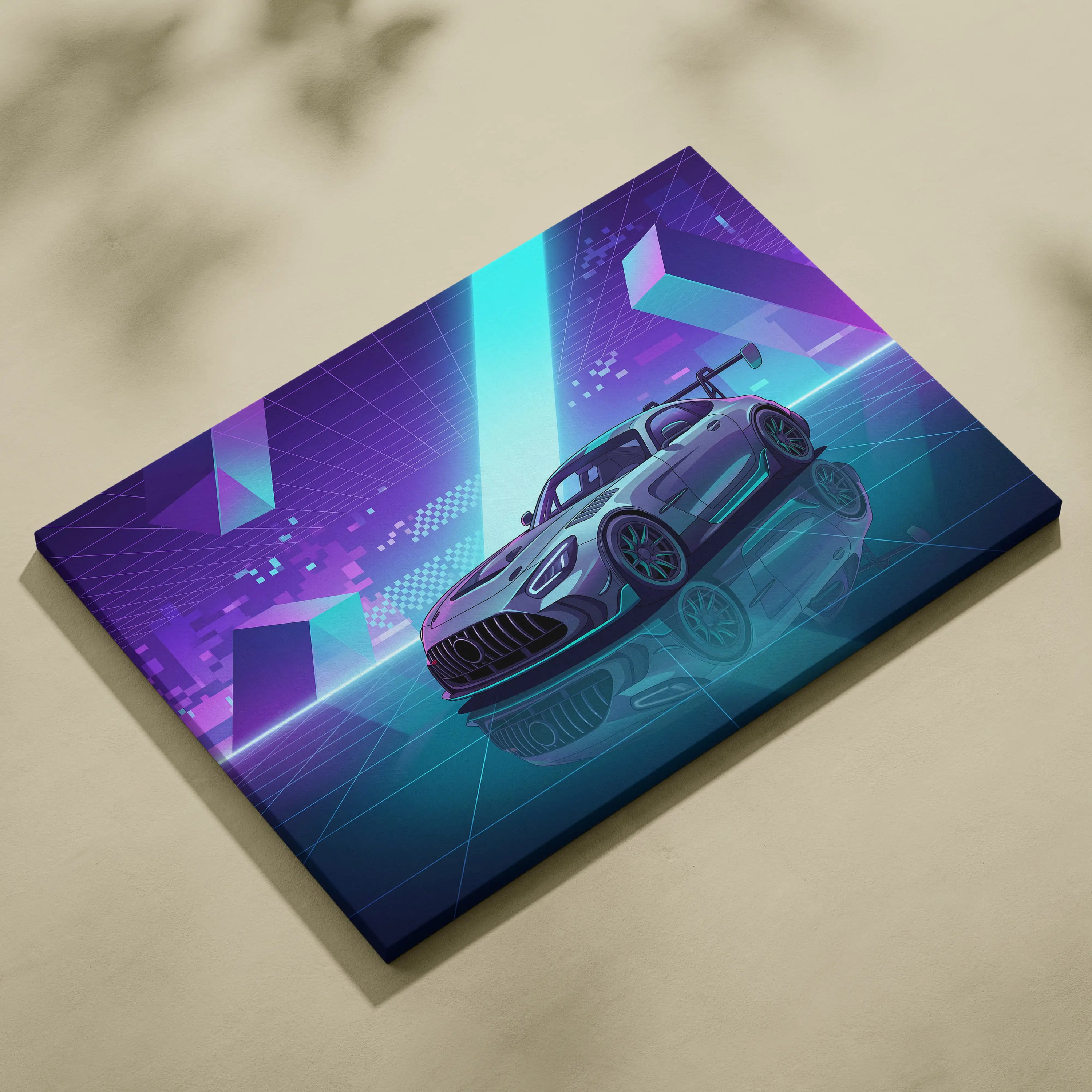 Mercedes-AMG GT Black Series Inspired Silver Teal Canvas Wall Art, Vaporwave Track Car Artwork, Neon Grid Garage Decor, Retro Futuristic Motorsport Print