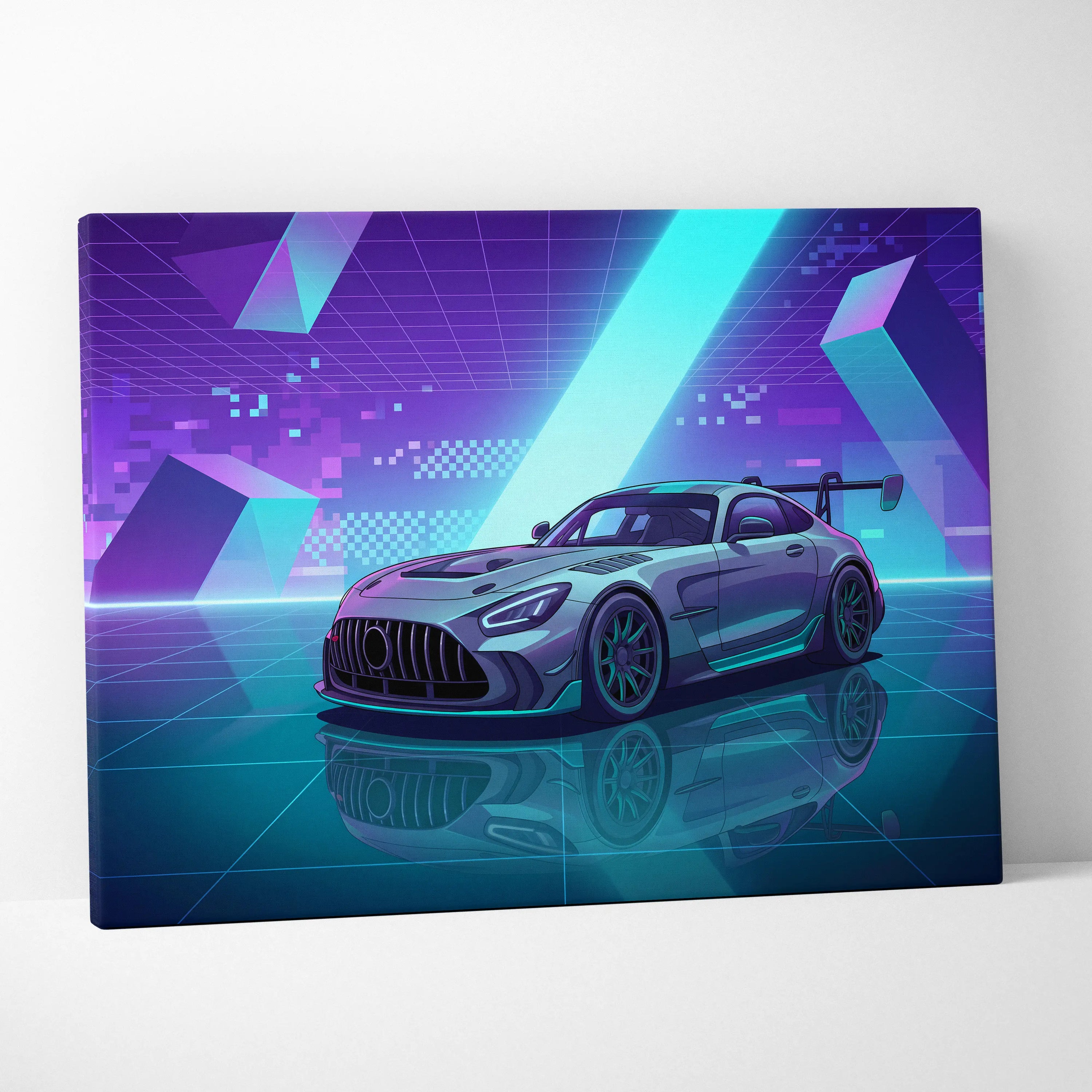 Mercedes-AMG GT Black Series Inspired Silver Teal Canvas Wall Art, Vaporwave Track Car Artwork, Neon Grid Garage Decor, Retro Futuristic Motorsport Print