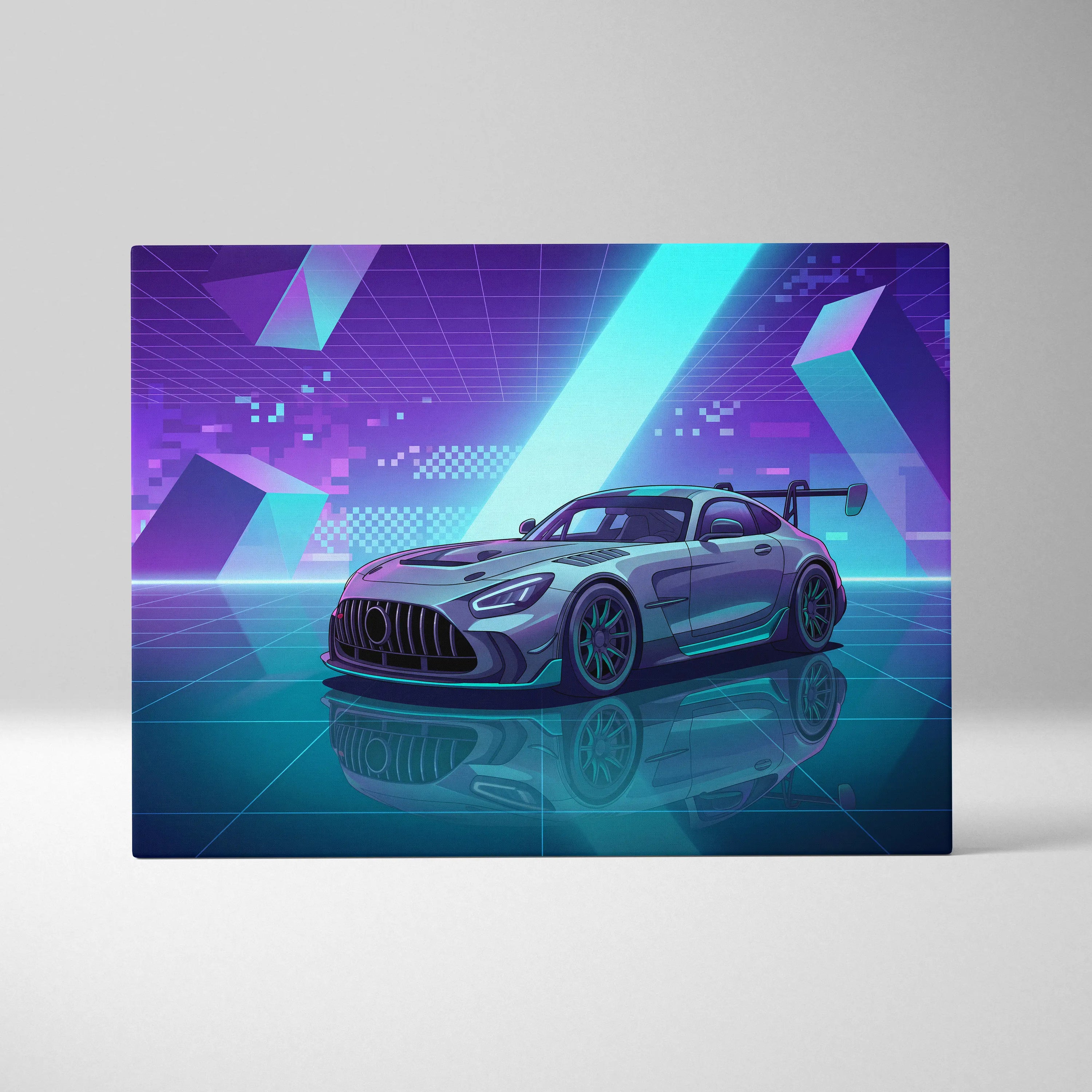 Mercedes-AMG GT Black Series Inspired Silver Teal Canvas Wall Art, Vaporwave Track Car Artwork, Neon Grid Garage Decor, Retro Futuristic Motorsport Print