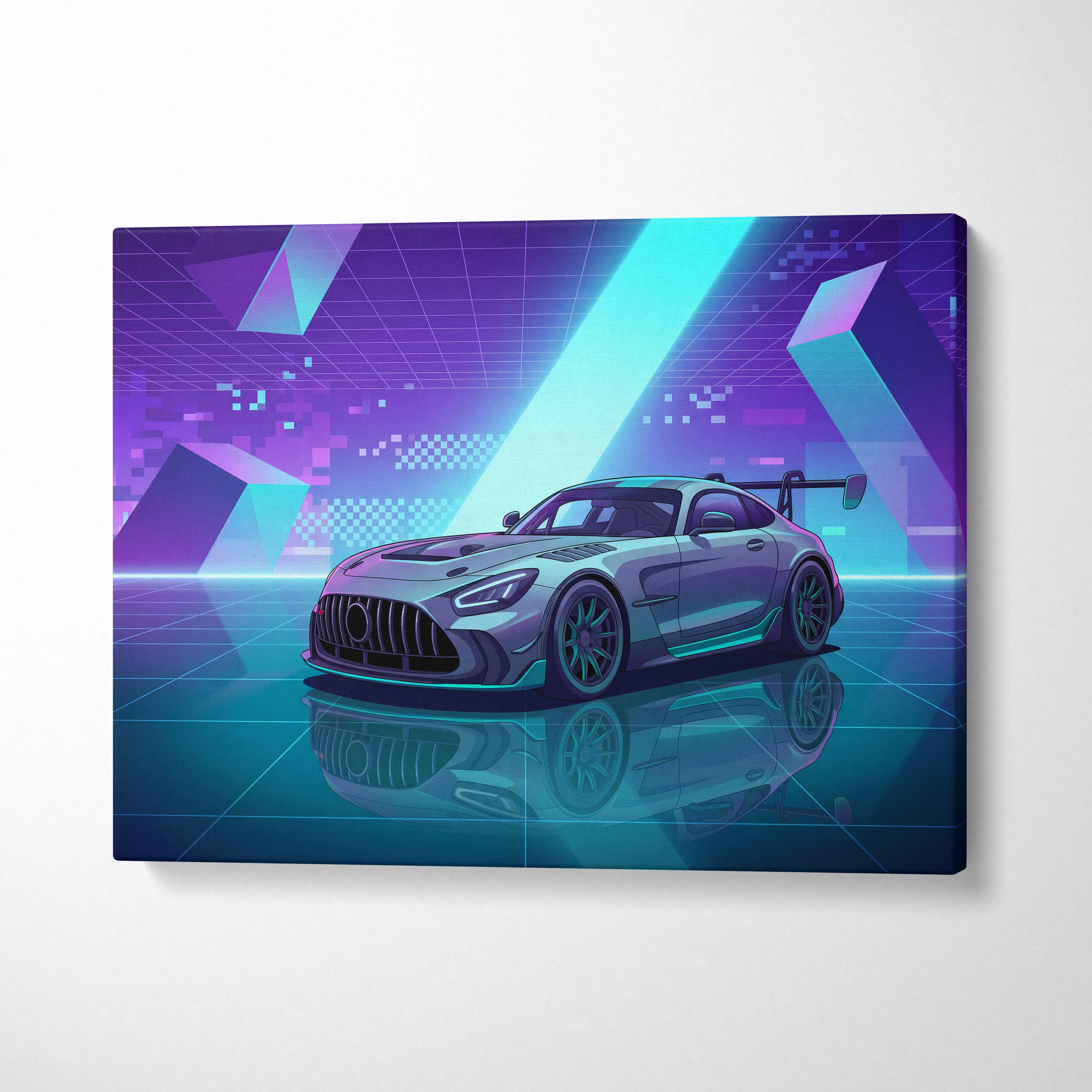 Mercedes-AMG GT Black Series Inspired Silver Teal Canvas Wall Art, Vaporwave Track Car Artwork, Neon Grid Garage Decor, Retro Futuristic Motorsport Print