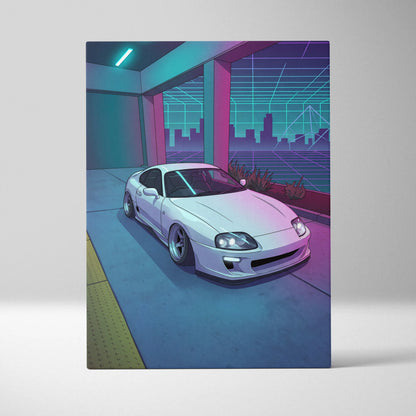 Toyota Supra Inspired White Blue Canvas Wall Art Vaporwave JDM Car Artwork, Neon City Garage Decor Retro Futuristic Sports Car Print