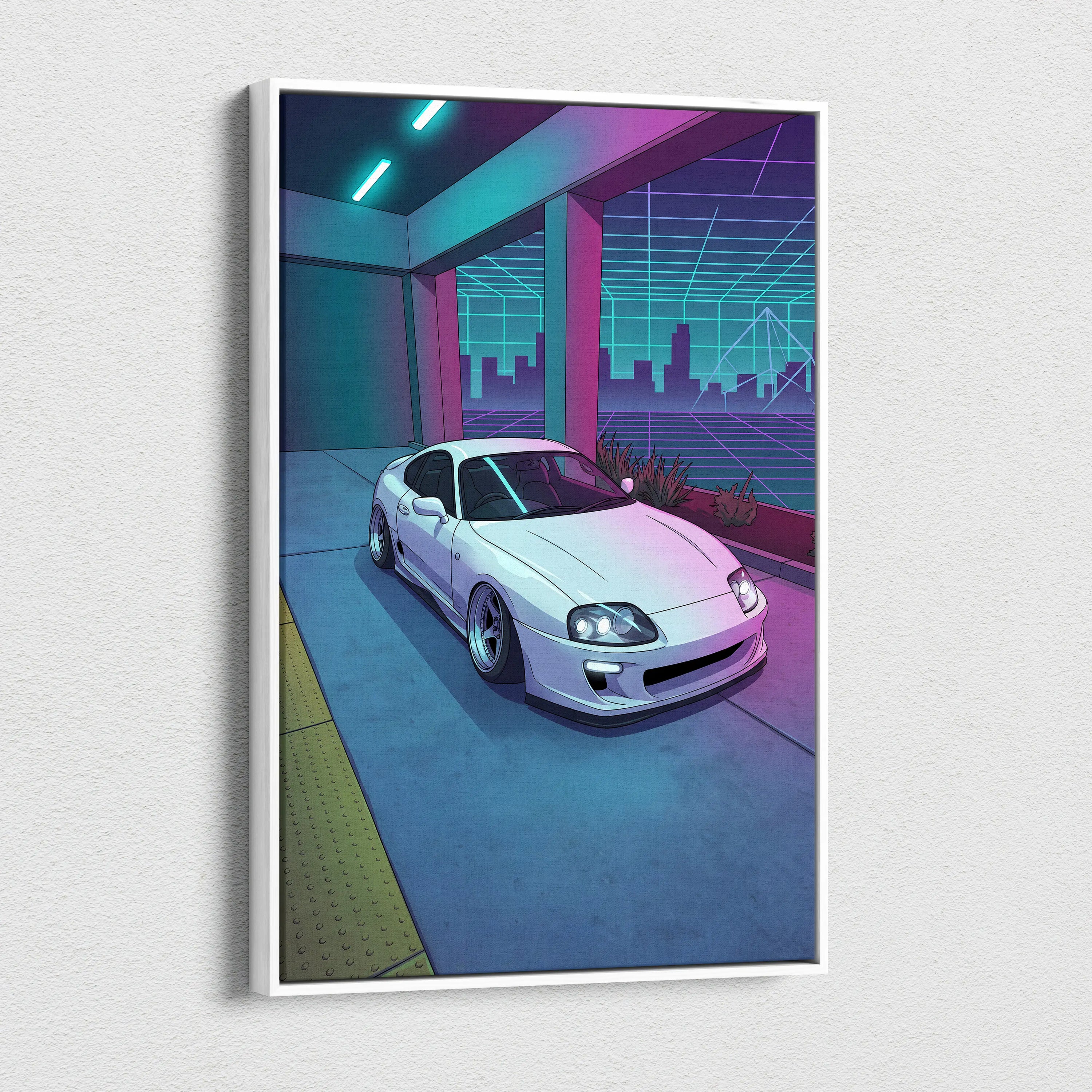 Toyota Supra Inspired White Blue Canvas Wall Art Vaporwave JDM Car Artwork, Neon City Garage Decor Retro Futuristic Sports Car Print