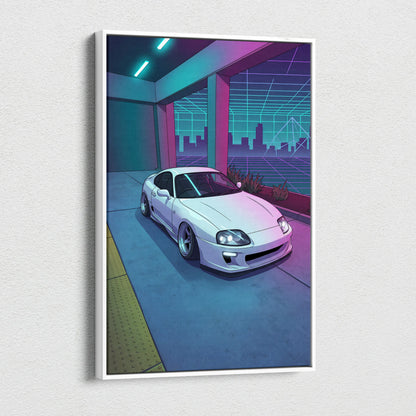 Toyota Supra Inspired White Blue Canvas Wall Art Vaporwave JDM Car Artwork, Neon City Garage Decor Retro Futuristic Sports Car Print