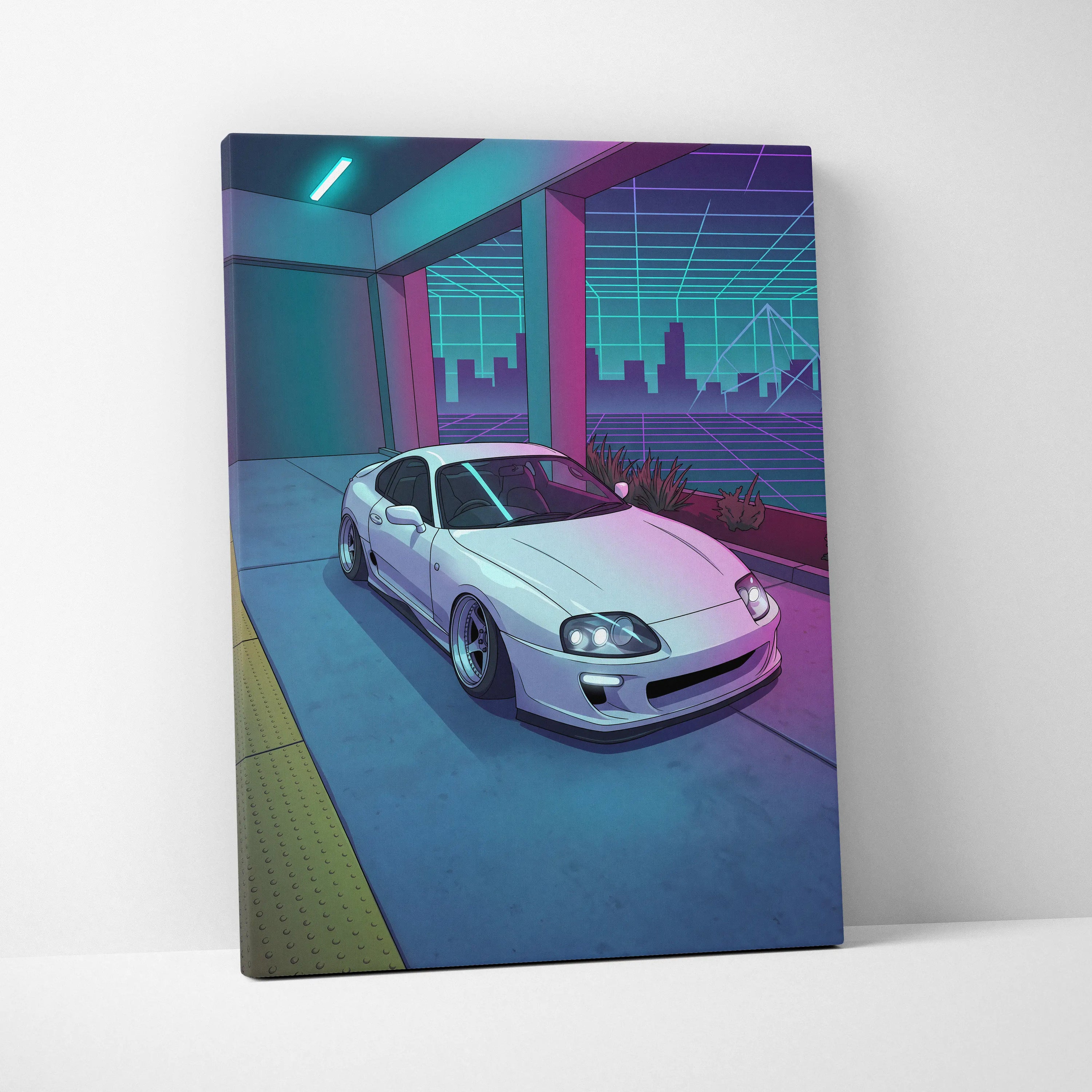 Toyota Supra Inspired White Blue Canvas Wall Art Vaporwave JDM Car Artwork, Neon City Garage Decor Retro Futuristic Sports Car Print