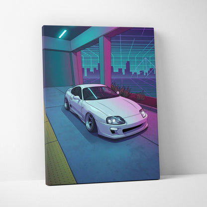 Toyota Supra Inspired White Blue Canvas Wall Art Vaporwave JDM Car Artwork, Neon City Garage Decor Retro Futuristic Sports Car Print