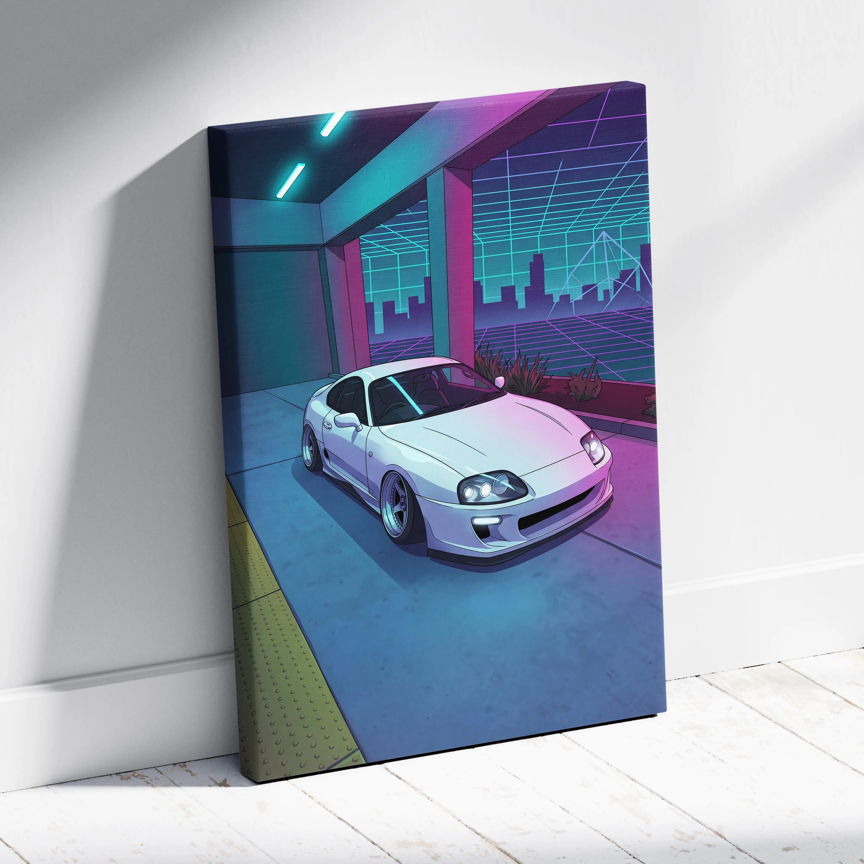 Toyota Supra Inspired White Blue Canvas Wall Art Vaporwave JDM Car Artwork, Neon City Garage Decor Retro Futuristic Sports Car Print