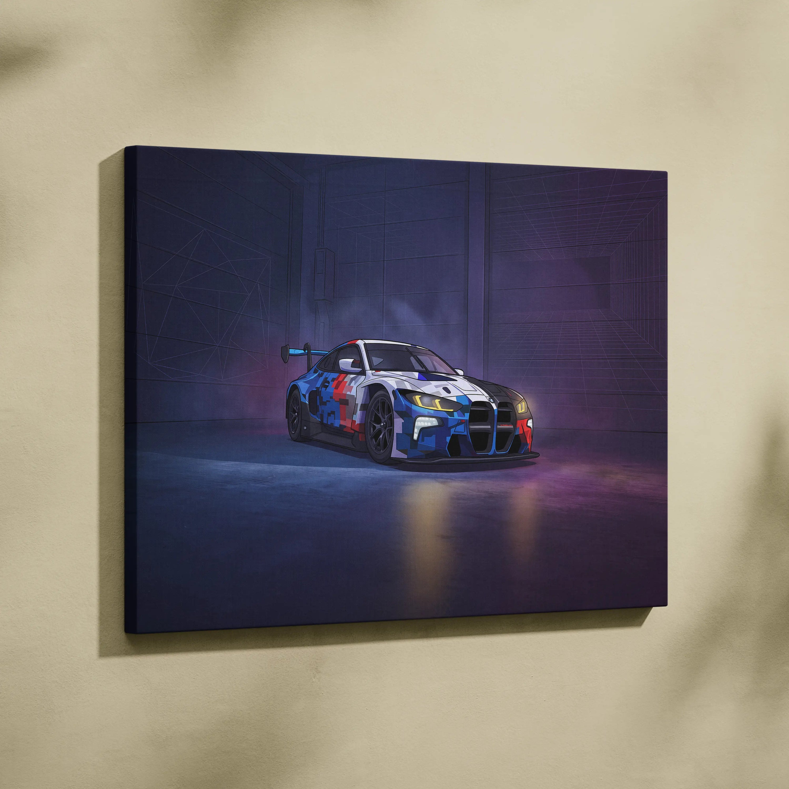 BMW M4 GT3 Inspired Vaporwave Car Canvas - Car Neon Purple Blue Living Room Vaporwave Nostalgic energy neon decor car wall art canvas