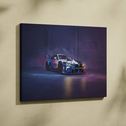 BMW M4 GT3 Inspired Vaporwave Car Canvas - Car Neon Purple Blue Living Room Vaporwave Nostalgic energy neon decor car wall art canvas