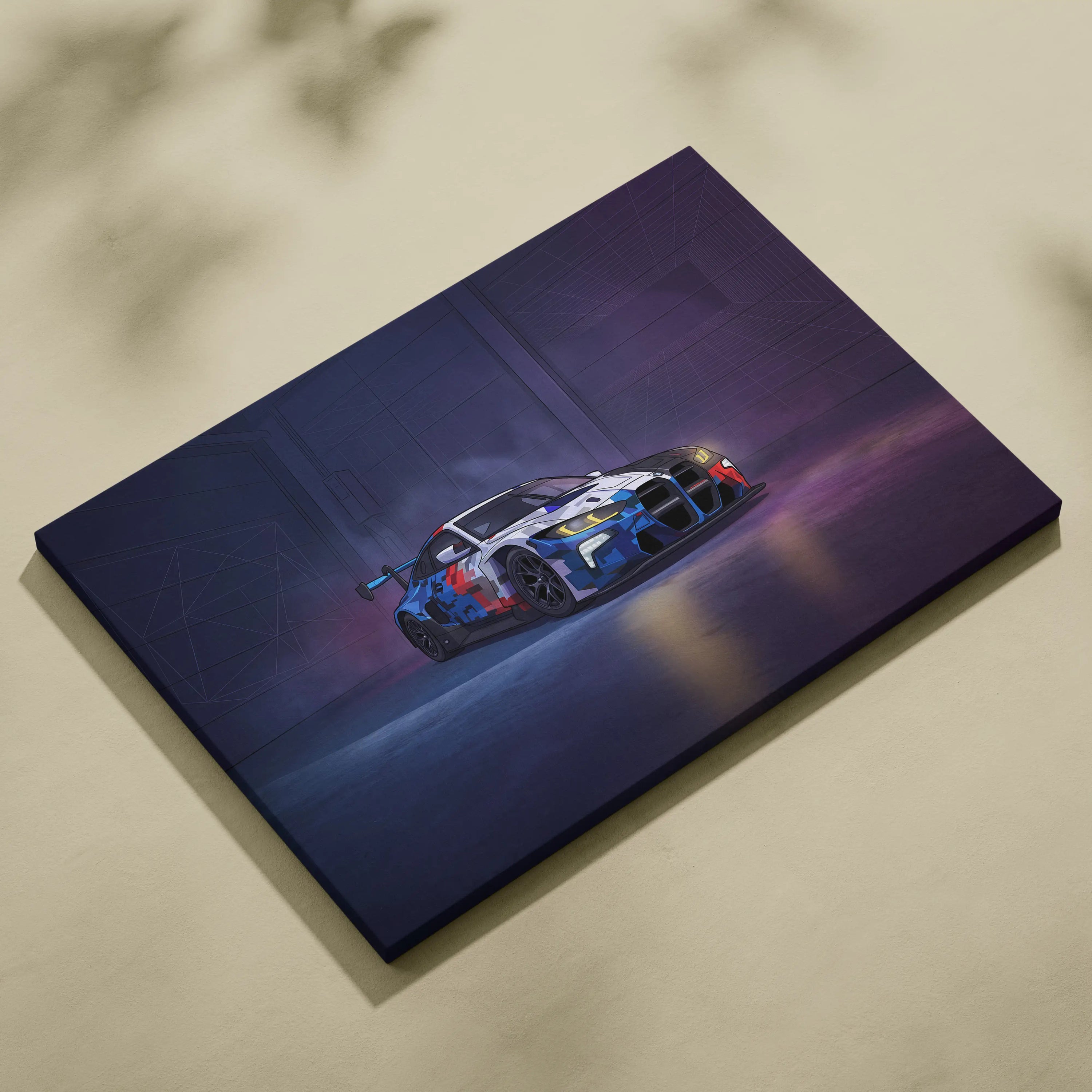 BMW M4 GT3 Inspired Vaporwave Car Canvas - Car Neon Purple Blue Living Room Vaporwave Nostalgic energy neon decor car wall art canvas