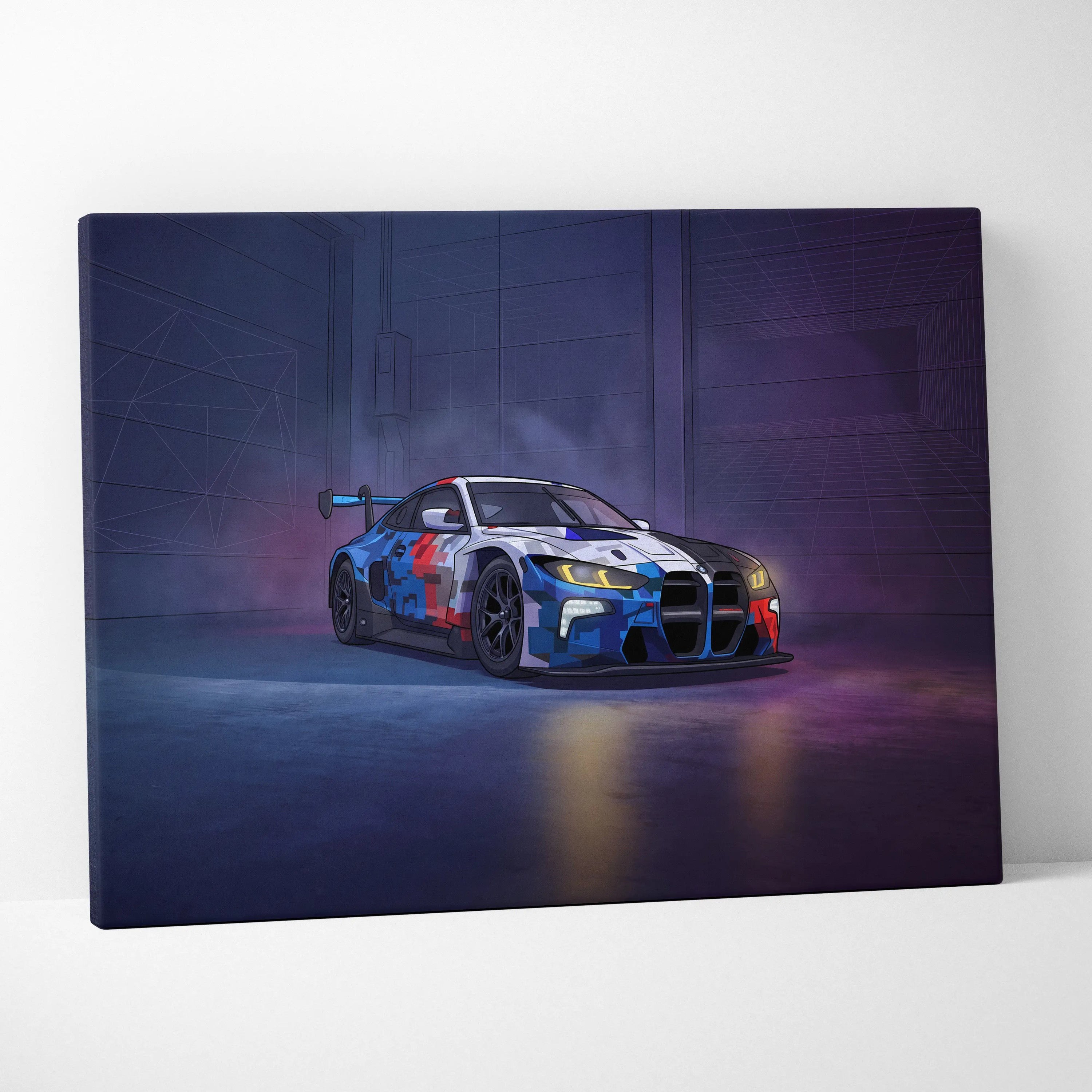 BMW M4 GT3 Inspired Vaporwave Car Canvas - Car Neon Purple Blue Living Room Vaporwave Nostalgic energy neon decor car wall art canvas
