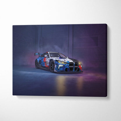 BMW M4 GT3 Inspired Vaporwave Car Canvas - Car Neon Purple Blue Living Room Vaporwave Nostalgic energy neon decor car wall art canvas