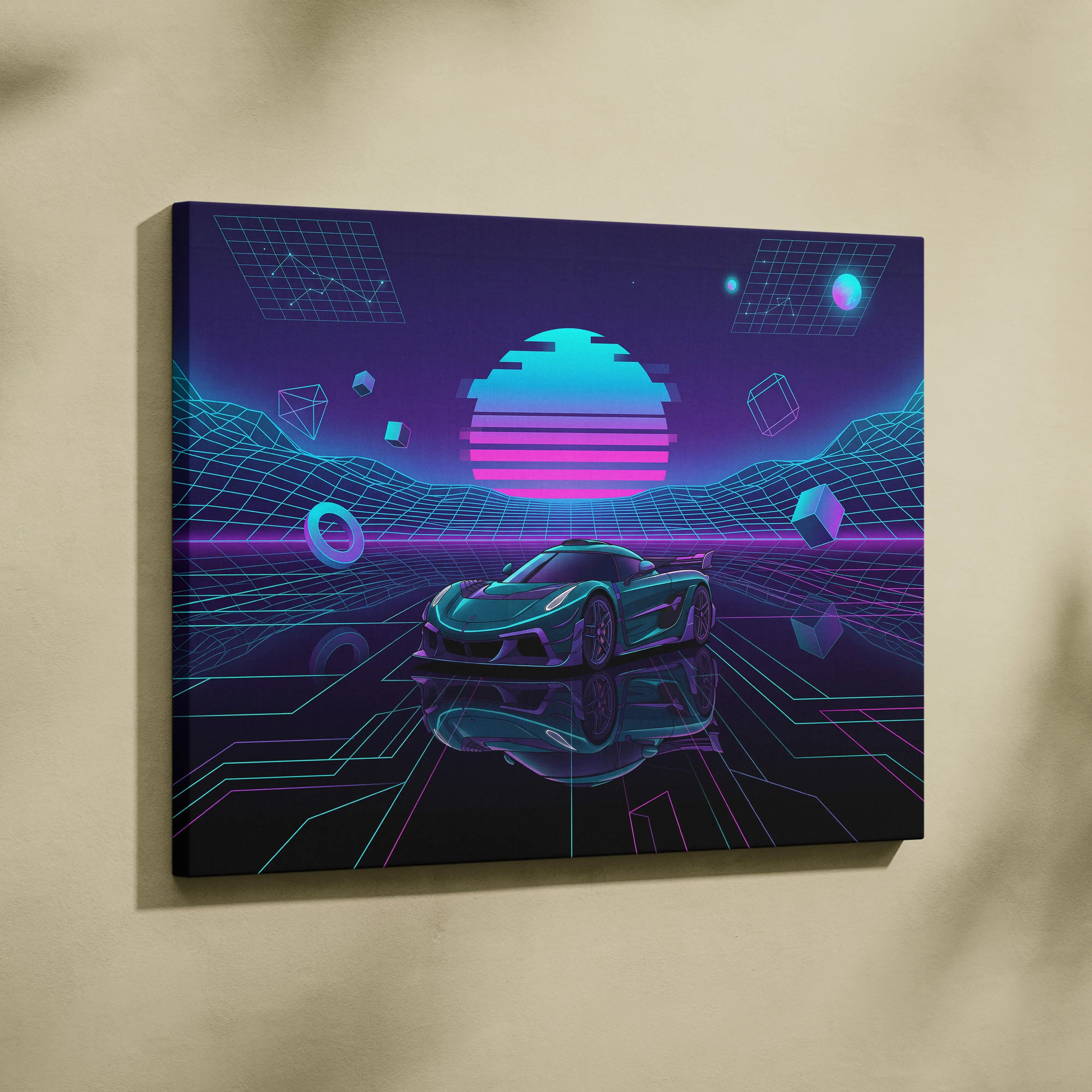 Koenigsegg Jesko Inspired Teal Purple Canvas Wall Art, Vaporwave Hypercar Artwork, Neon Grid Garage Decor, Retro Futuristic Exotic Print
