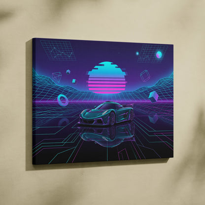 Koenigsegg Jesko Inspired Teal Purple Canvas Wall Art, Vaporwave Hypercar Artwork, Neon Grid Garage Decor, Retro Futuristic Exotic Print